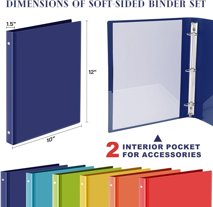 Fulmoon 48 Pack 3 Ring Plastic Binders 1.5 Inch Bulk with 2 Pockets, Flexible Binder Loose Leaf Hardcover, Fit 12" x 10" US Letter Size Paper, for School Office Home, 6 Colors(Vibrant)