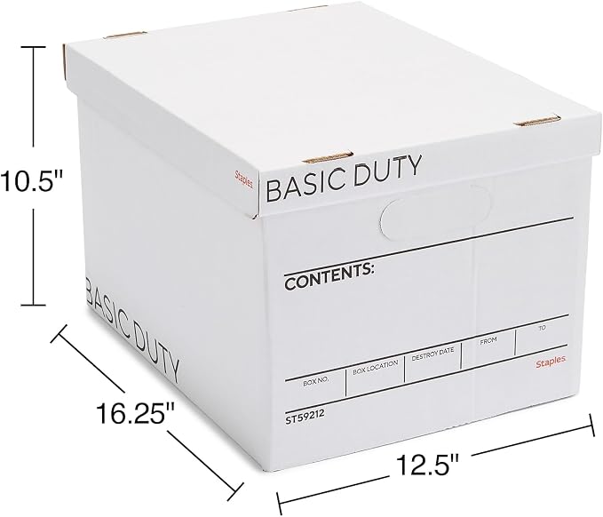STAPLES Storage & Filing Box, Basic-Duty with Handles & Removeable Lid, Letter & Legal Size Documents, Stackable, 20-Pack, White/Black