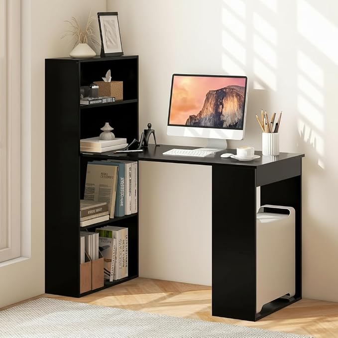 Tangkula Computer Desk with Bookshelf, Writing Study Desk with Storage Shelves & CPU Stand, Modern Compact Computer Workstation for Home & Office, Space-Saving Design (Black) | Bookcase Desk w/Bookshelf Storage Shelves & CPU Stand, Space-Saving Design ...