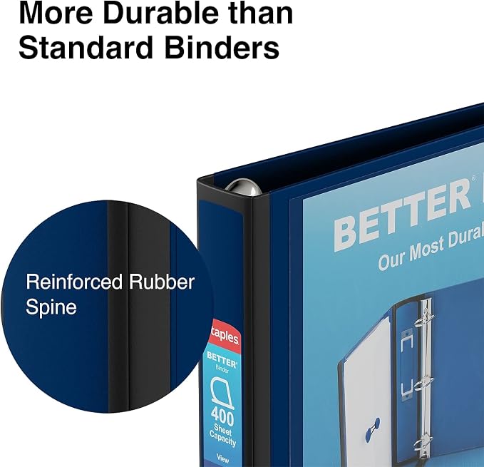 Staples Better Binder, 1.5 Inch D-Ring, Navy Blue, 400 Sheets, 3-Pk | Reinforced spine for long-lasting school and office organization.