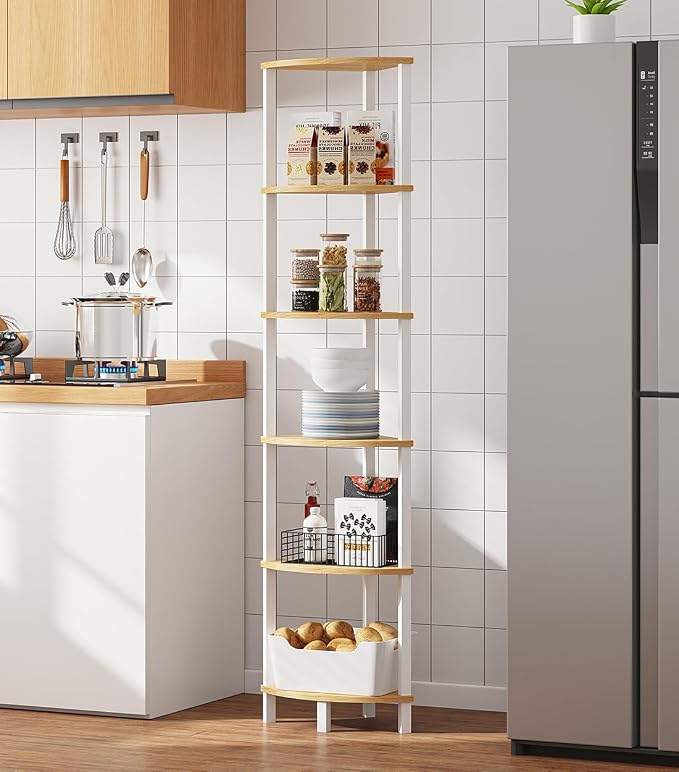Corner Shelf, 6-Tier Corner Bookshelf, Industrial Corner Ladder Shelf, DIY Storage Shelves, Rustic Display Shelf for Living Room, Bedroom, Kitchen, Home Office, White and Nature Wood Color UJSJ004Q