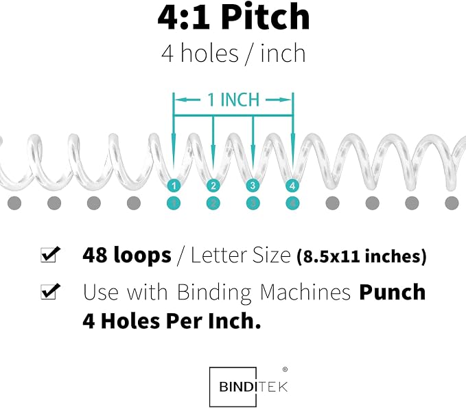 Binditek Plastic Spiral Binding Coils, 12 mm, 4:1 Pitch, Clear, 50 Pack | Coil Binding Spines, 1/2", 90 Sheet Capacity, 48 Loops, for Letter-Size Reports, Presentations, School and Office Projects