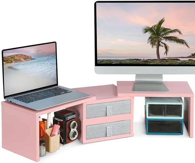 TEAMIX Pink Dual Monitor Stand Riser with 2 Drawers - Length and Angle Adjustable Double Corner Desk Shelf Organizer 37 inch for 2 Laptop/PC/Screen/TV (2 Drawers - 8''H)