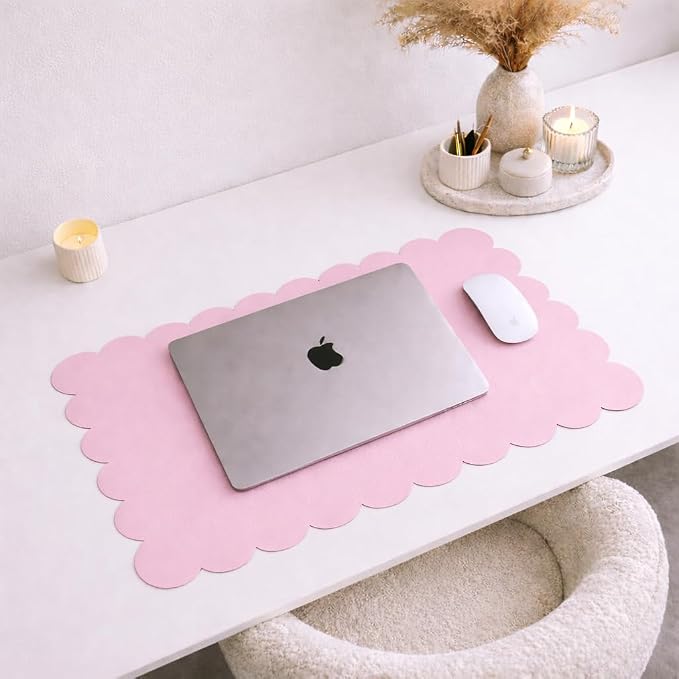 Orelle Pink Scalloped Desk Mat | Vegan Leather Desk Mat for Keyboard and Mouse, Laptop, Makeup Vanity | Computer Desk Pad Mat | Office Desk Cover Mat | Desk Blotter Mat | 30 x 15” | Pink