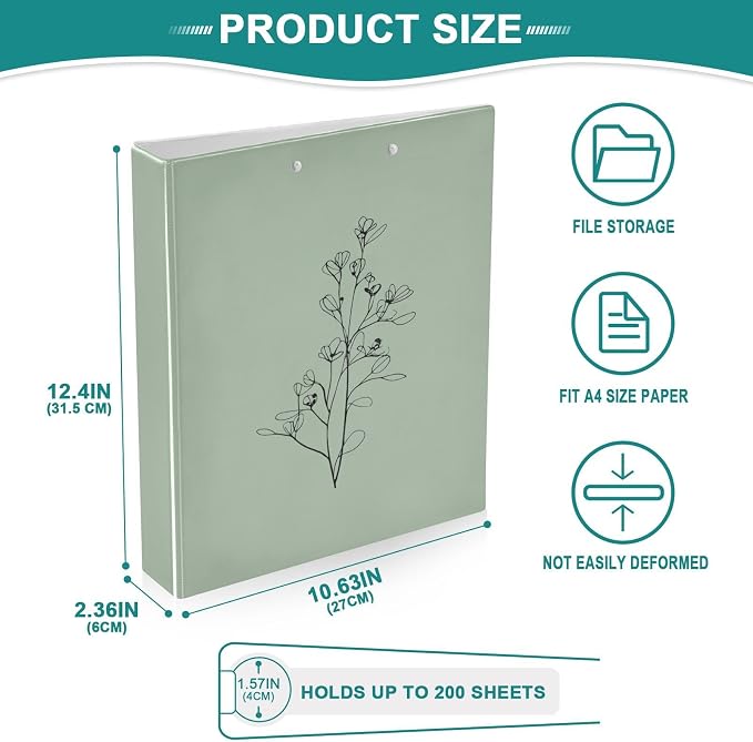 Sage Green Minimalist Floral Binder 3 Ring 1.5 Inch Binder with Clipboard&Pockets, Hardcover Binders Heavy Duty Large File Folder for Office School Supplies - Holds 200 Sheets
