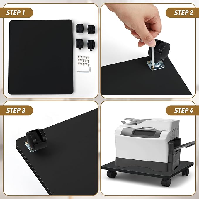 Beeveer 1 Pcs Office Under Desk Printer Stand with 4 Caster Wheels 13.8 x 11.8 Inches Black Movable Printer Copier Shelf CPU Holder for Home Office Heavy Duty Storage Rack Scanner Fax Machine
