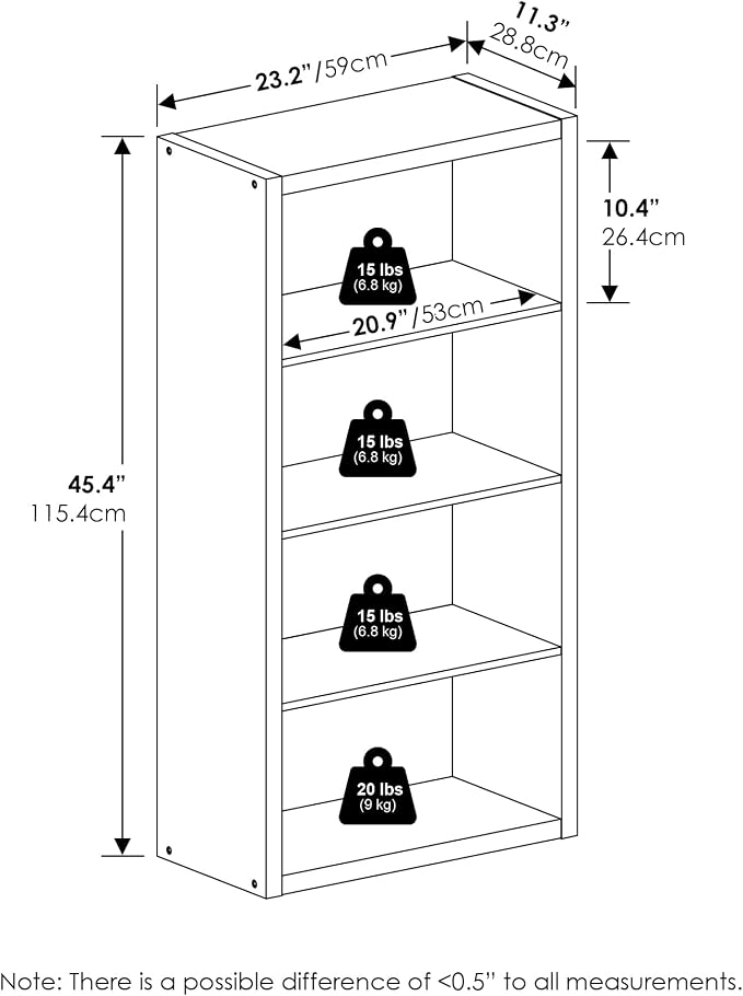 Furinno Viola Book Shelf, 4-Tier Bookshelf, Extra Thick Frame Bookcase with Open Shelf, Open Back Design, 11.3" x 23.2" x 45.4", for Living Room, Bedroom, Home Office, White
