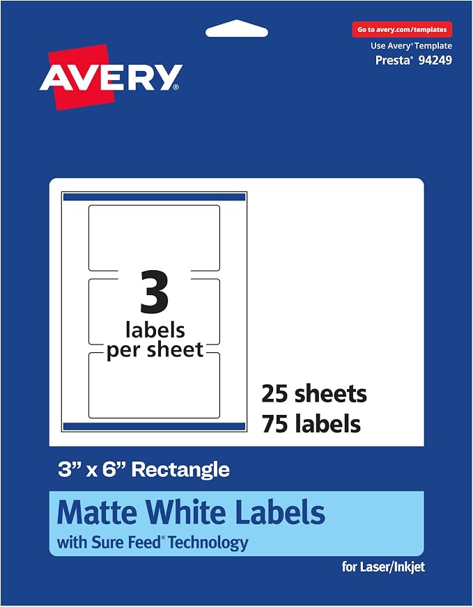 Avery® Matte White Rectangle Labels, Sure Feed® Technology, 3" x 6", 75 Matte White Printable Labels