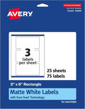Avery® Matte White Rectangle Labels, Sure Feed® Technology, 3" x 6", 75 Matte White Printable Labels