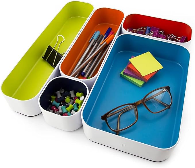 Three by Three Seattle Metal Drawer Organizer Tray Set, 10-Pc (Assorted) | Deep 2" food-safe metal bins; mix & match to customize any drawer; kitchen, bathroom, office & vanity organization
