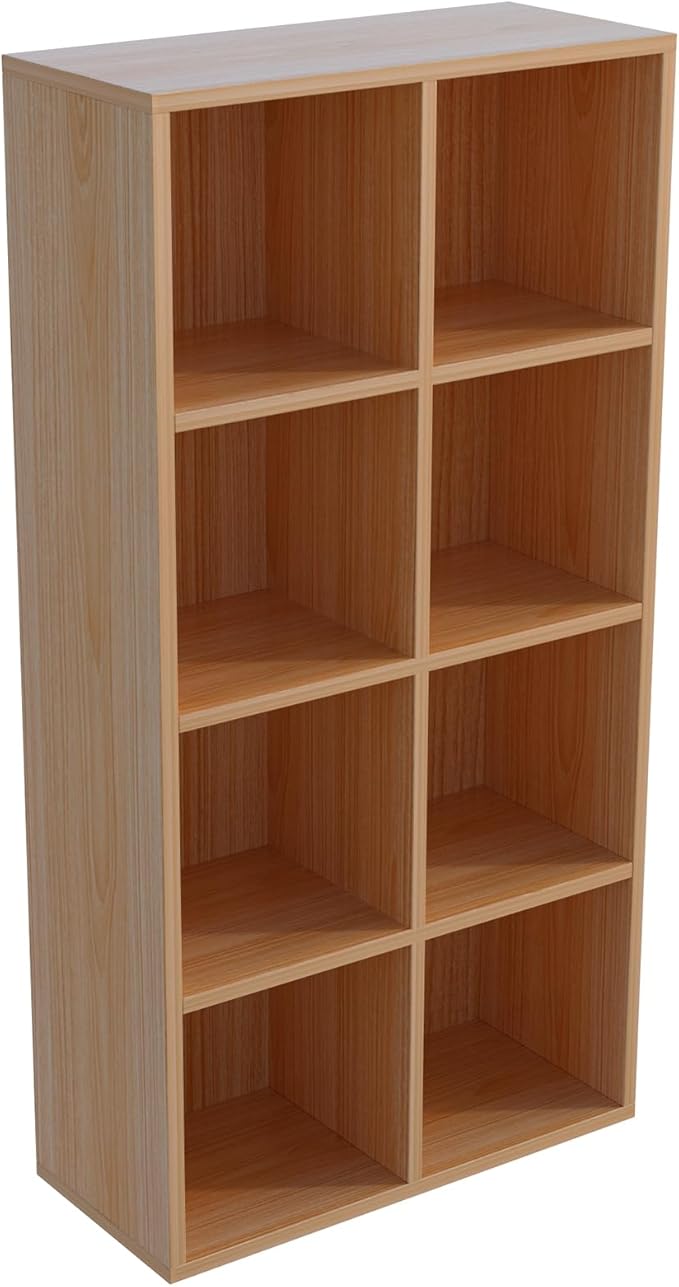 8-Cube Storage Shelf Bookcase, Oak | Wooden 4-Tier Open Bookshelf, Fits 11×11" Bins, Vertical or Horizontal Use, Full Back Panels, For Home Office