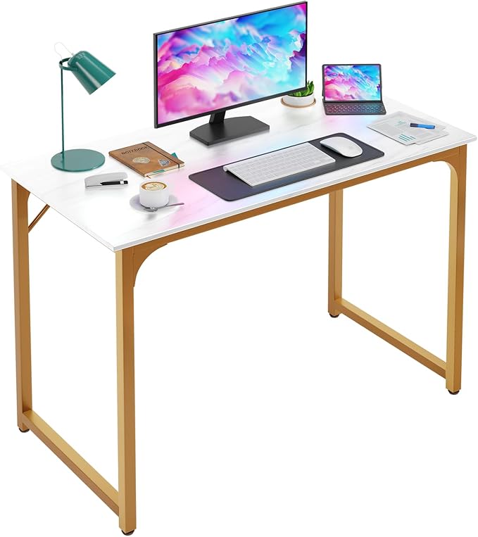 PayLessHere | 39 Inch Computer Desk | White Gold | Sturdy Office Desk | Metal Frame, Adjustable Feet | Water-Resistant, Scratchproof Surface | Writing Table for Home Office or Study | Pack of 1