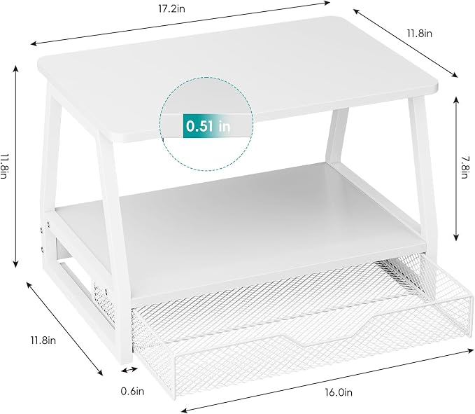2-Tier Printer Stand with Storage, Desktop Organizer with Drawers for Printer Paper, Desk Shelf for Office and Home Printers‌ Tables, White