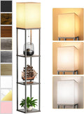 Floor Lamp with Shelves for Living Room Oak Gray, Shelf Floor Lamp with 3 CCT LED Bulb, Corner Display Standing Column Lamp Etagere Organizer Tower Nightstand with White Linen Shade for Bedroom Office
