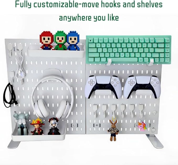 Gaming Desk Organizer, No-Drill Freestanding Desk Pegboard with Headphone Stand, Controller Holder, Keyboard Stand & Shelves, 5-in-1 Gaming Setup Accessories for Dorm Room & Home Office, White