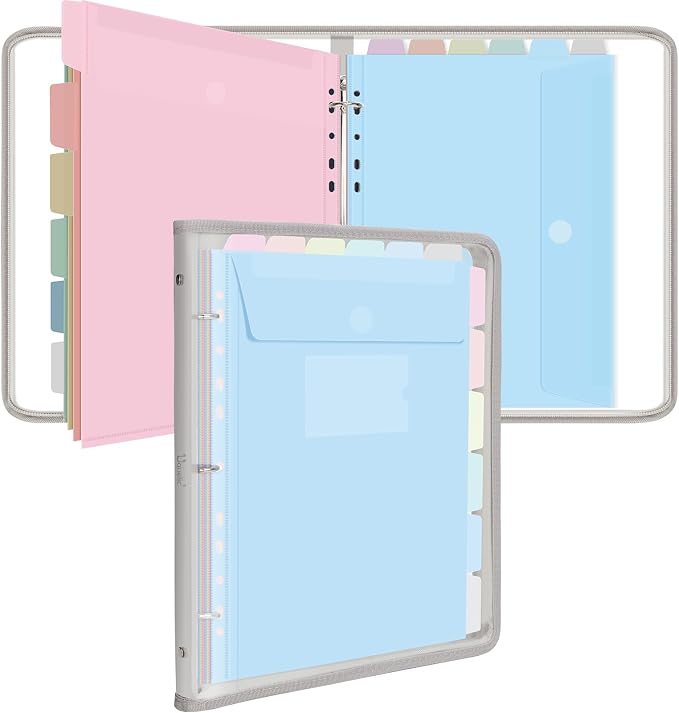 Uquelic Document Organizer, Soft PVC 3 Ring Binder with 12 Pockets | Colorful Zipper Binder with Dividers Letter Size, Large Capacity Cute Folder for School, Office & Home Use (Grey)