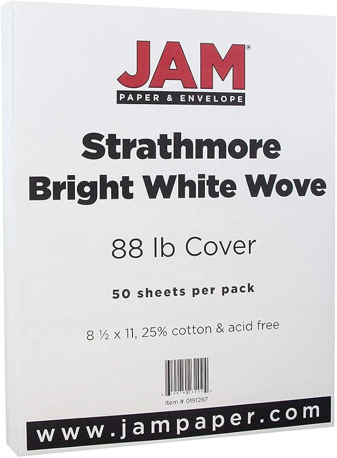 JAM PAPER Strathmore 88lb Cardstock - 8.5 x 11 Coverstock - 237 gsm - Bright White Wove - 25% cotton - 50 Sheets/Pack