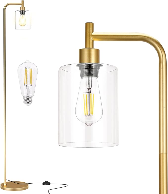 Ziisee Floor Lamps for Living Room - Industrial Standing Lamp with Glass Shade, Modern Gold Floor Lamp with LED Bulbs, Farmhouse Floor Lamp for Bedroom, Tall Lamp for Office - Gold