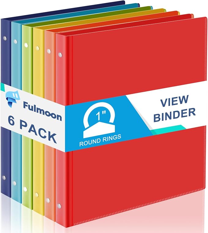 Fulmoon 6 Pack 1 Inch Plastic 3 Ring Binders with Pockets, Rainbow Colors | Flexible Covers with Round Rings and Front Pockets for Organizing Papers at School, Office, Meetings and Presentations