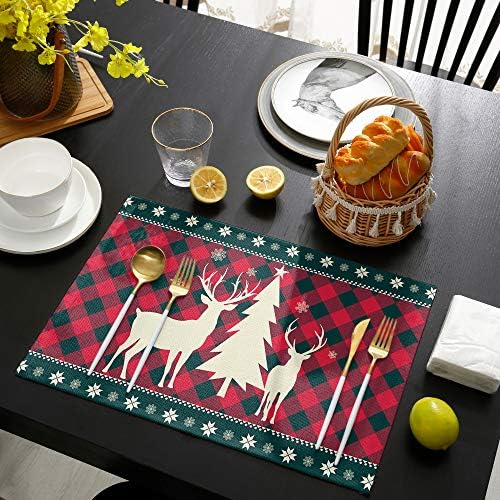 Christmas Trees Reindeer Elk Placemats Set of 4, Red Holiday Buffalo Checkered Plaid Cotton Line Stain Resistant Table Mats Washable Holidays Placemat Decoration For Kitchen Dining Table Farmhouse