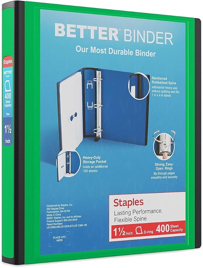 Staples Better 1.5-Inch 3-Ring Binder, Green, Heavy-Duty | Durable binder built for school and office document organization.