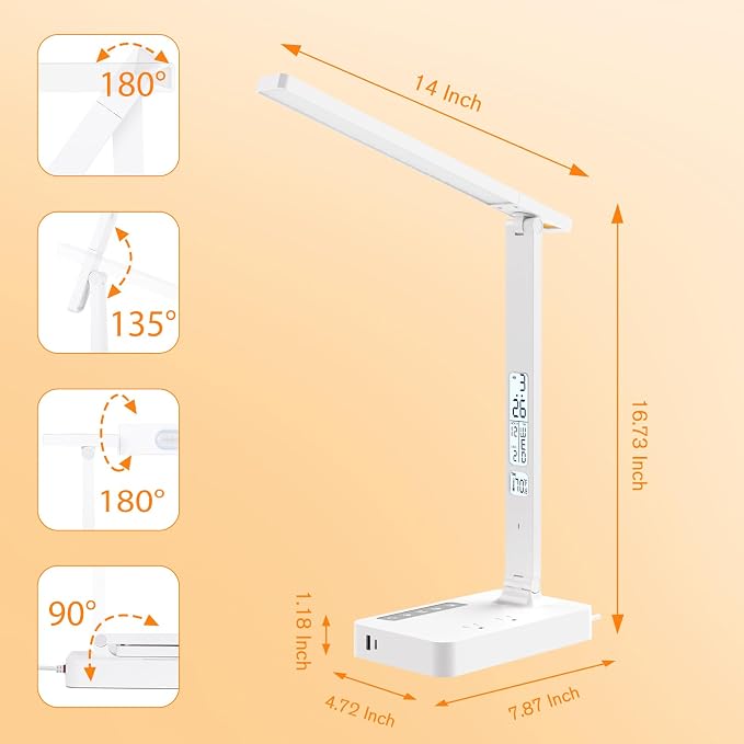 Desk Lamp with USB Charging Port: Power Strip with Surge Protection - 1 Type-C, 1 USB-A Charging Port, 2 AC Power Outlets, Desk Lamps for Home Office College Dorm Room Essentials