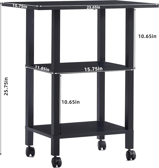 YUFAM 3 Tier Home Printer Stand with Storage, Black | Wooden Mobile Printer Table Shelf, Rolling Printer Cart Shelf with Lockable Wheels fit Fax Machine, Scanner