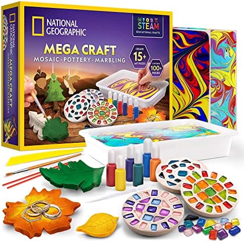 NATIONAL GEOGRAPHIC Arts & Crafts Kit - Mosaic, Marbling Paint, Air Dry Clay & 15 River Rocks to Paint & Decorate
