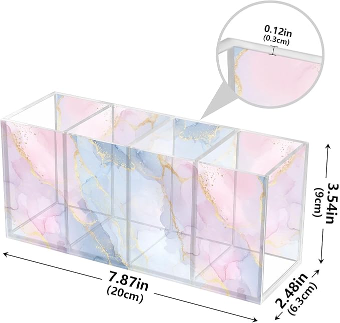 Colorful Tie Dye Acrylic Printed Pen Holder 4 Compartments, Acrylic Plastic Pen Holder Cosmetic Brush Holder Desk Pen Holder Marker Organizer Square Acrylic Pen Holder 4 Compartments