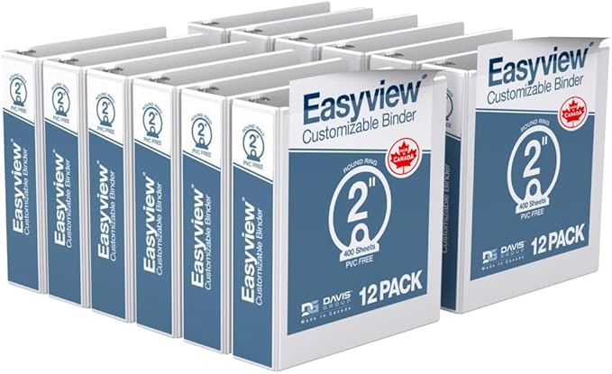 Easyview 3-Ring Binder, Clear-View Cover, 2" Round Rings, 12 Pack | Heavy-duty binder, fits 8.5" x 11" paper, white, customizable cover, made in Canada, ideal for school or office use