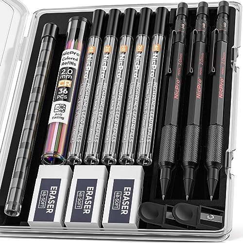 Nicpro 2mm Metal Mechanical Pencils Set with Case, 3 Pack Black