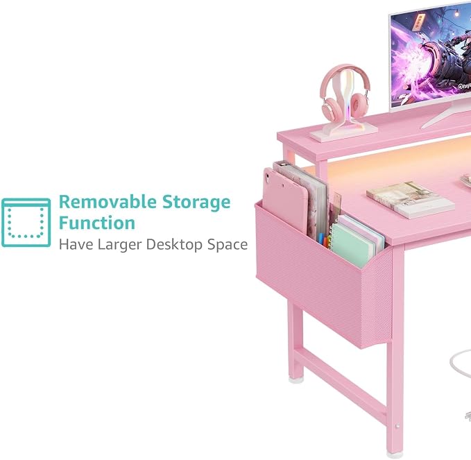 Lufeiya Small Girls Desk with Power Outlets and LED Lights, 32 Inch Gaming Desk Table with Charging Station, Home Office Computer Desks with Monitor, Pink