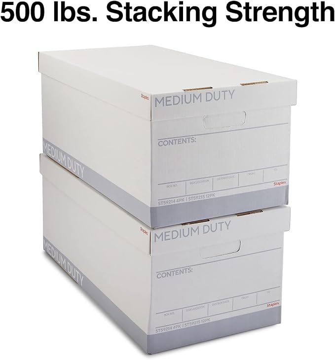 STAPLES Storage & Filing Box, Letter Size, Stackable, 12-Pack, White/Gray | Medium-duty boxes with handles and removable lid for document storage.