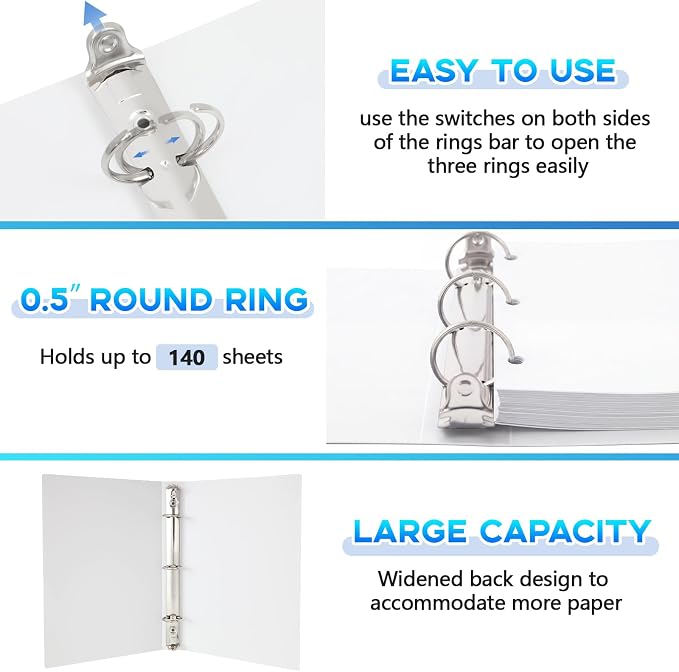 Henoyso 0.5 Inch 6 Pack Mini 3 Ring Binders for 5.5"x8.5" Paper,White | Holds 100 Sheets, Plastic Small Binders, Round Three Rings, Flexible PP Covers, School Office, Photo Album Planner Journal