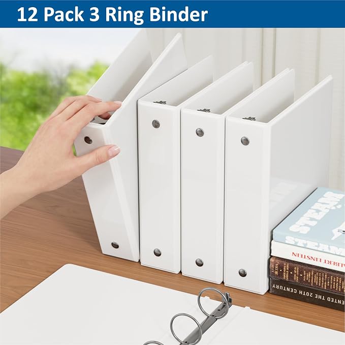 3 Ring Binders, 2" Round Rings 12 Pack, Fits 8.5x11in, View 2 Pocket, White | for 8.5x11 Inch Paper, for Customizable Covers, Three Ring, for School Office Business Supplies, White,2 Inch