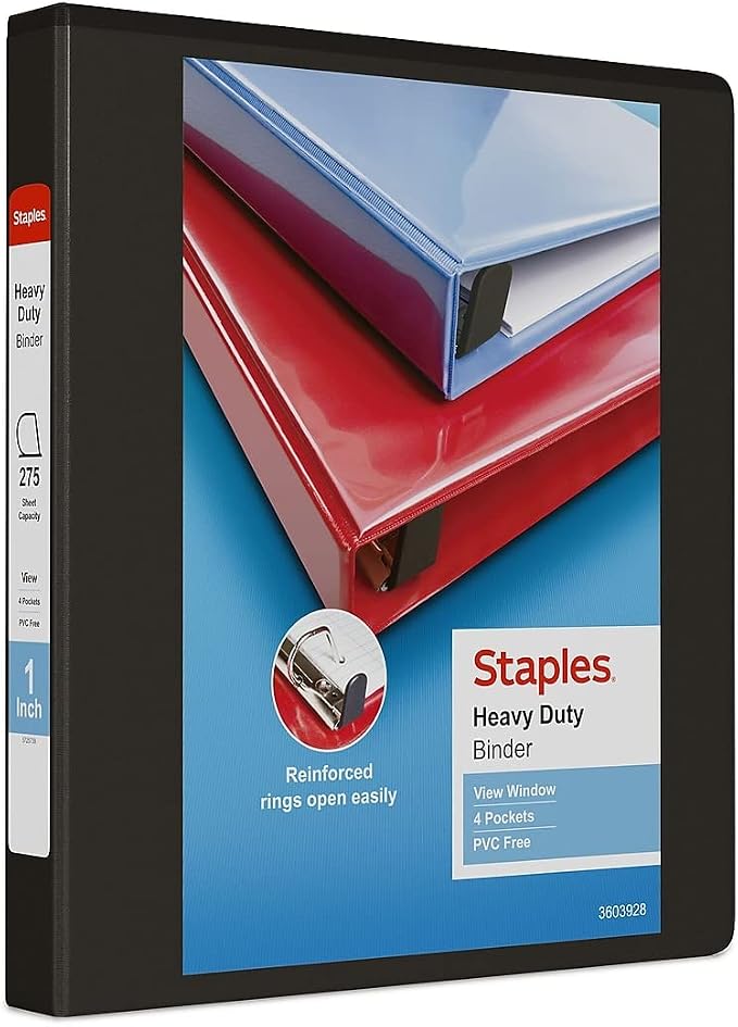 Staples Heavy-Duty 1-Inch D-Ring View Binder, Reinforced Spine, Holds Up to 275 Sheets, Black, for Office & School