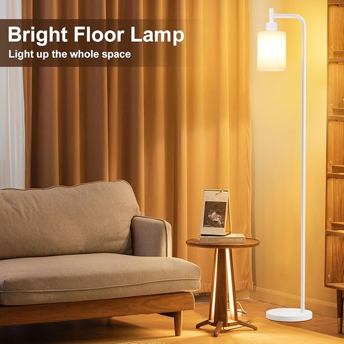 Ziisee Floor Lamps for Living Room - Industrial Standing Lamp with Glass Shade, Modern White Floor Lamp with LED Bulbs, Farmhouse Floor Lamp for Bedroom, Tall Lamp for Office - White