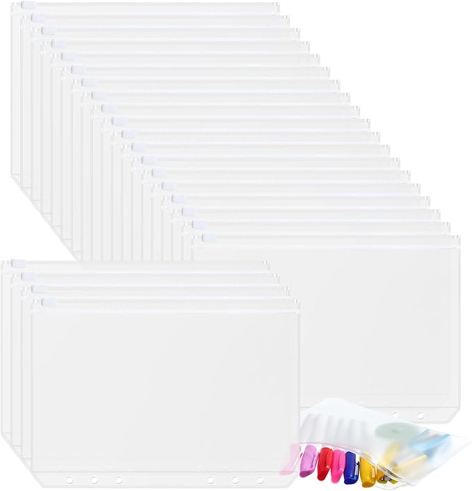 Zonon 30 Pcs A5 6 Rings Tansparent Zipper Binder Pouches Clear Binder Pockets with Zipper Folders Waterproof PVC Loose Leaf Bags Filling Bags for Pen Pencil Notebooks File Document