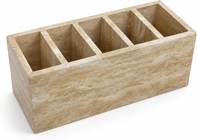Travertine Desk Organizer, 5-Compartment Pen & Brush Holder | for Pens, Makeup Brushes, and Office Desk Decor, 9.84 x 3.94 x 3.94 in
