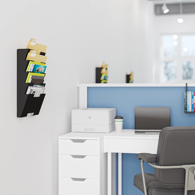 Wallniture Lisbon Wall Mounted File Holder Organizer, 5-Tier Metal Office Organization and Storage Rack, Wall Mount File Holder, Magazine Holder and Office Decor, Black