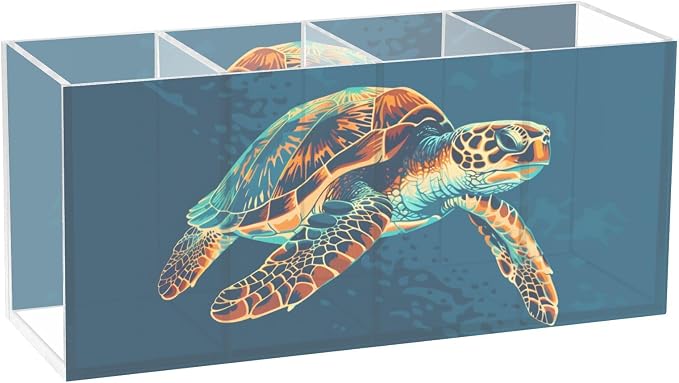 Sea Turtle Acrylic Printed Pen Holder 4 Compartments, Acrylic Plastic Pen Holder Cosmetic Brush Holder Desk Pen Holder Marker Organizer Square Acrylic Pen Holder 4 Compartments