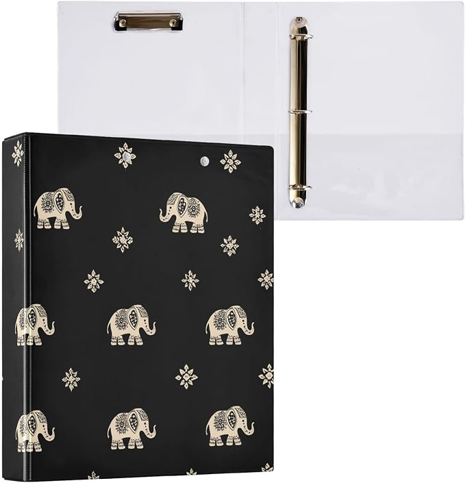 Indian Elephant Black 3 Ring Binder with 2 Interior Pockets 1.5 inch Binders 3 Ring Heavy Duty Fit 8.5" x 11" Letter Size for Office School, 2 Pack