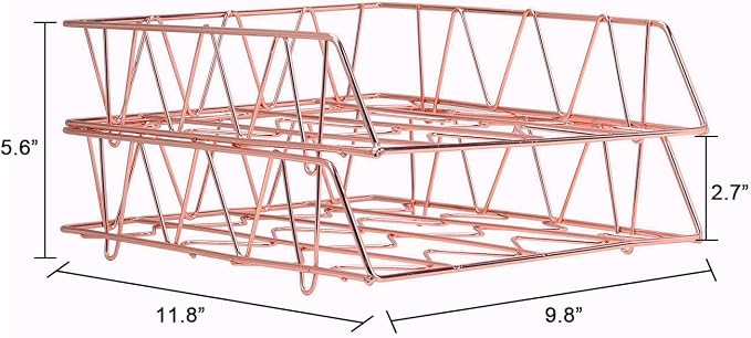 Set of 2 Office Supplies Metal Stackable File Document Letter Tray Organizer for Desk, Rose Gold