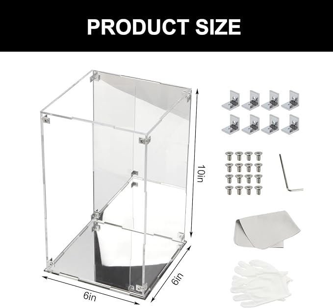 6x6x10Inch Assemble Clear Acrylic Box with Mirror Back and Base | Removable Display Case with Lid for Collectibles, Countertop Decorative Storage Box for Display Action Figures Jewelry