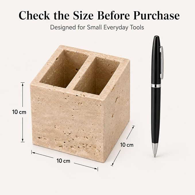 Natural Travertine Pen Holder, 2-Compartment Desk & Makeup Brush Organizer | Pen Holder for Pens, Scissors and Office Desk Decor, 3.94 x 3.94 x 3.94 in