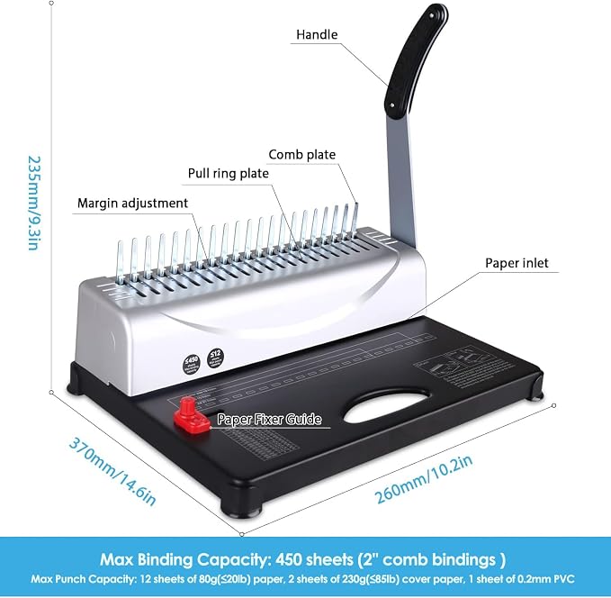Comb Binding Machine - Punch 12 Sheet, Easy Punch No Jam, Heavy-Duty Metal Build, Book Binder for Office Reports & Home School Projects, Includes 100 Combs, Letter/A4/A5 Compatible