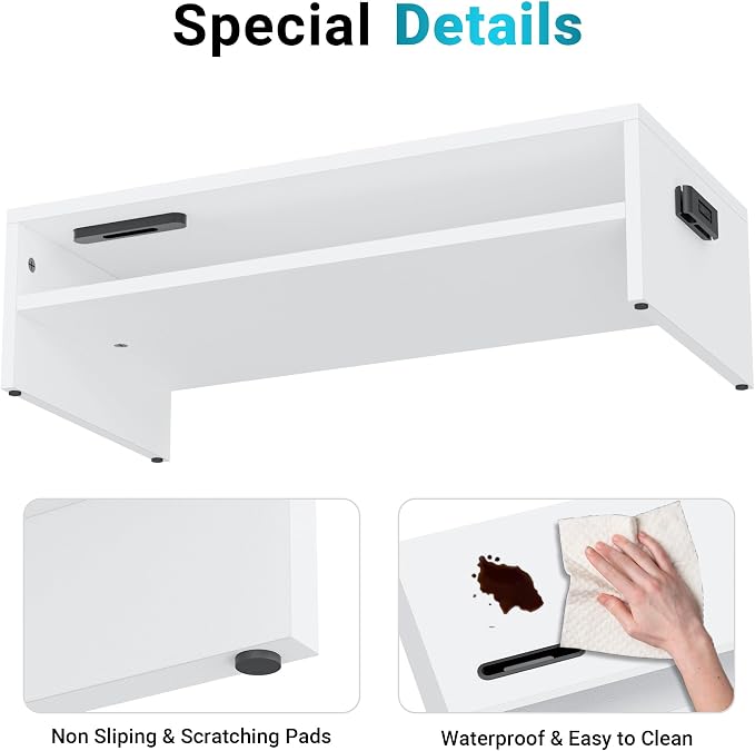 BONTEC Wood Monitor Stand Riser, 2-Tier Desktop Organizer | Ergonomic Computer Stand for Desk, Cable Management, Cellphone Holder, 21.3 Inch Shelf, White