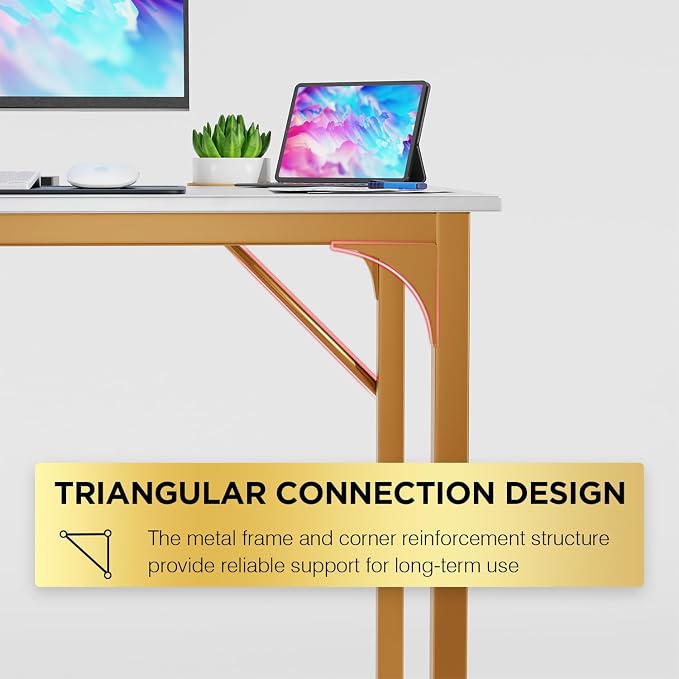 PayLessHere | 39 Inch Computer Desk | White Gold | Sturdy Office Desk | Metal Frame, Adjustable Feet | Water-Resistant, Scratchproof Surface | Writing Table for Home Office or Study | Pack of 1
