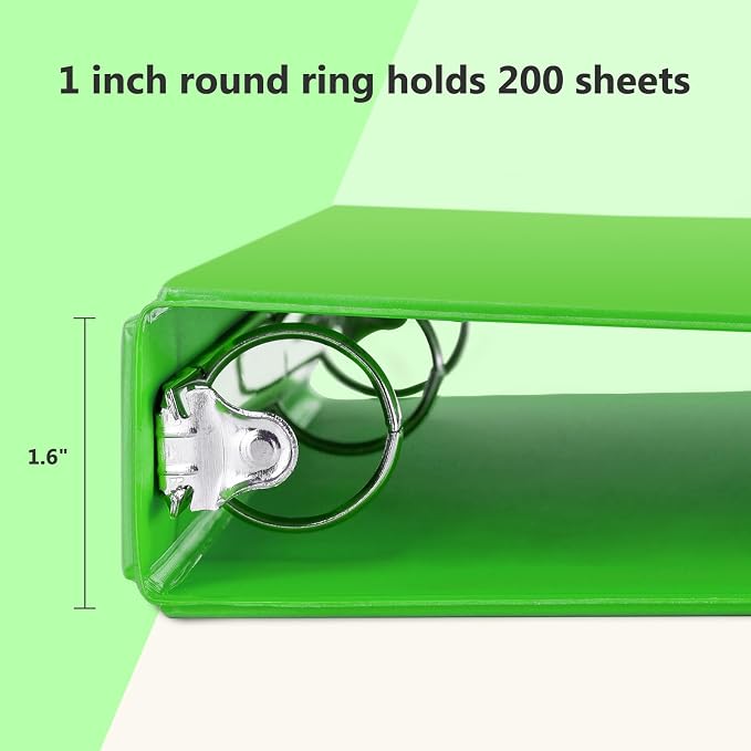 ViVin 1 Inch Round Ring View Binder for Durability, 6-Pack (Ivy Green) | Standard 3 Ring Binder for 200 Sheets of US Letter Size Paper, PVC-Free, Clear View Cover, Office Home School Use