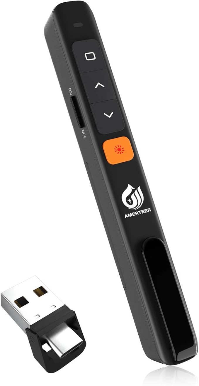 AMERTEER Wireless Presentation clicker for PowerPoint presentations with Hyperlink & Volume Control, RF 2.4GHz USB and Type-C for MacBook/Air/Pro